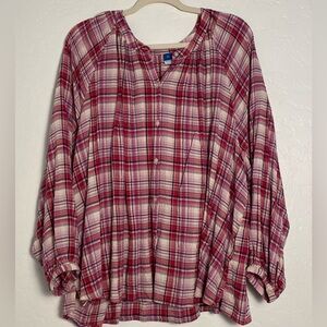 Old Navy Plaid Blouse Womens Size 3X Peasant Style Red White Flowy Relaxed Fit